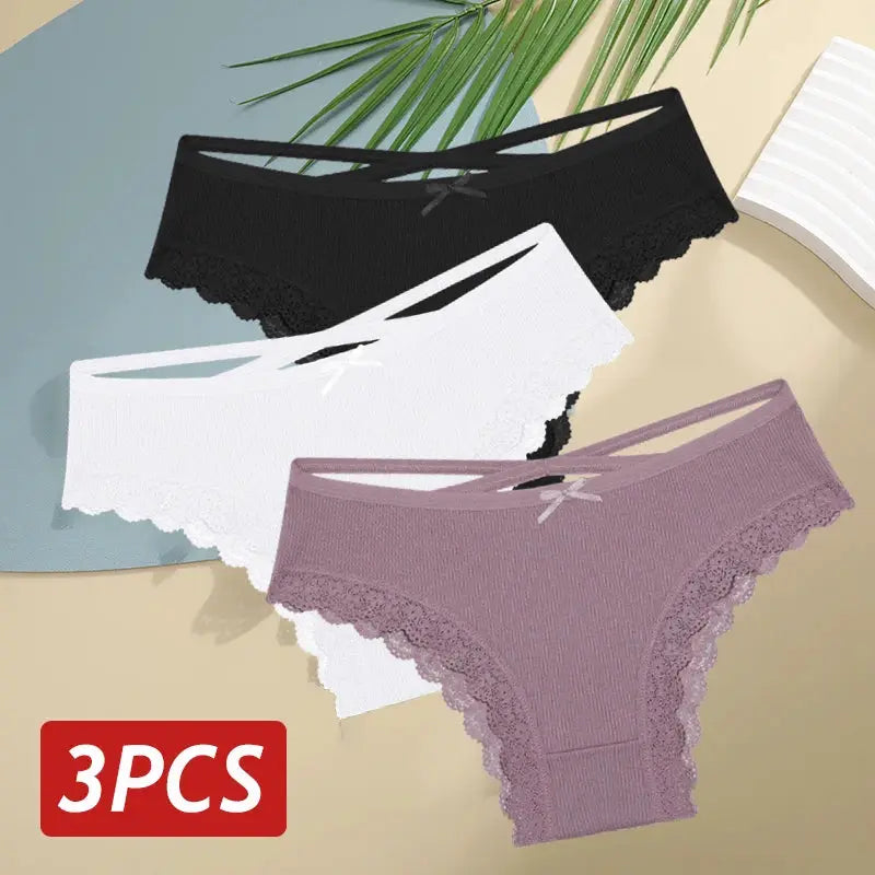 3PCS Women Cotton Panties Lace Trim Low Rise set in black, white, lavender Simples Market