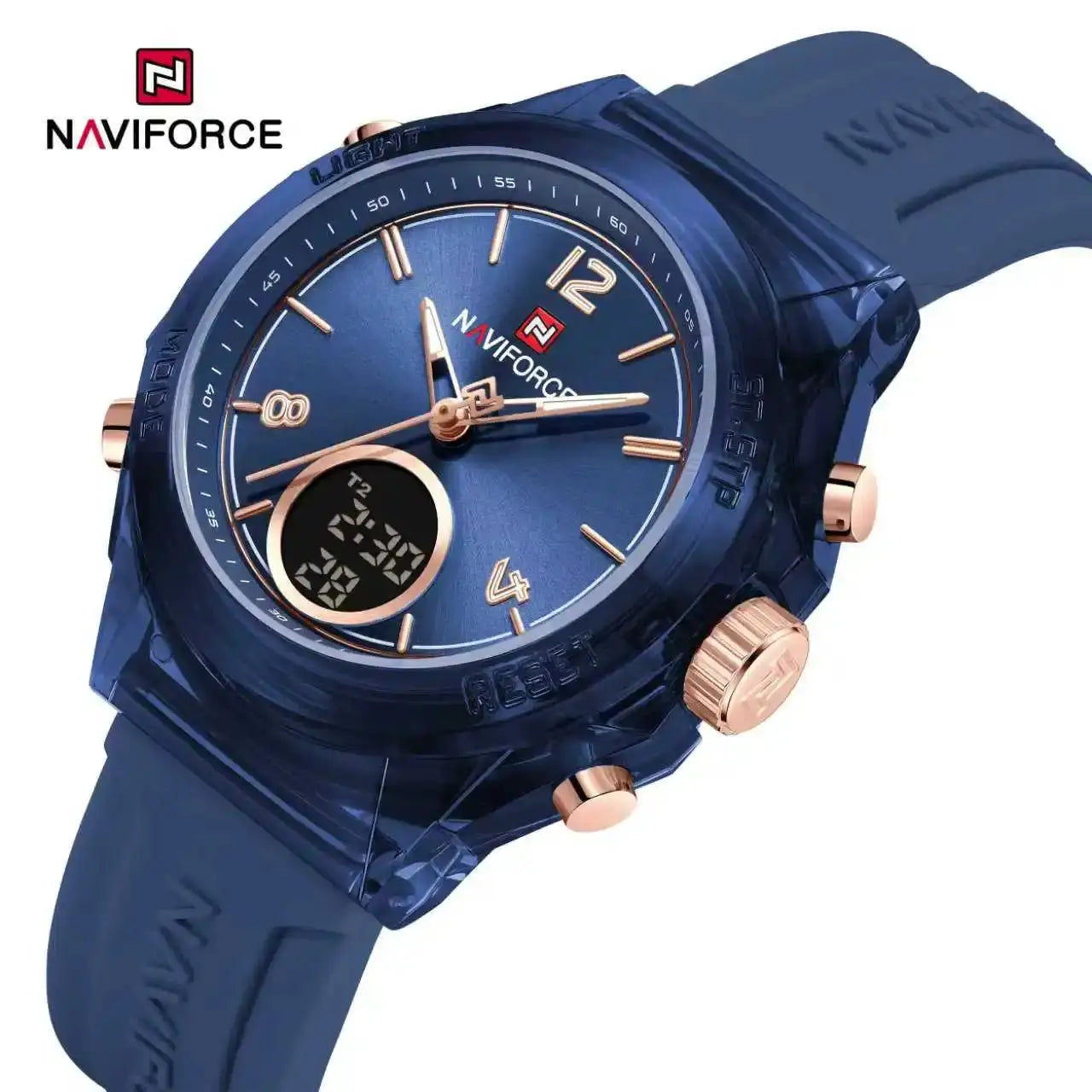 NAVIFORCE women's sport watch with blue rubber strap, rose-gold case, dual-time analog-digital display, waterproof.