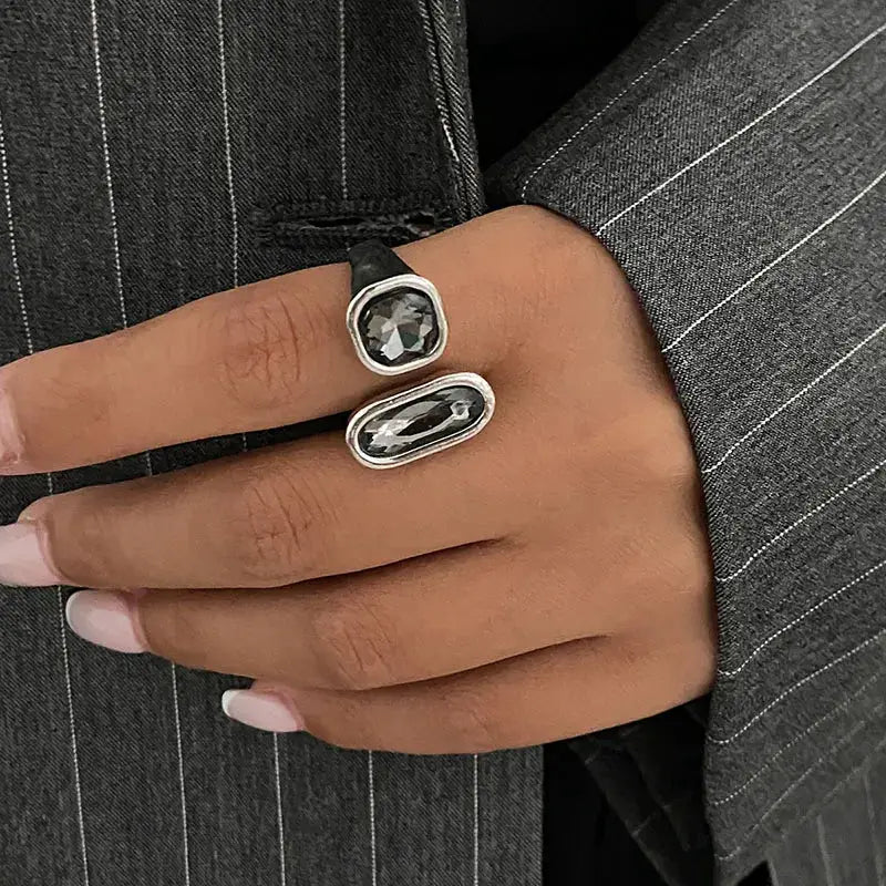 Geometric rings for women in silver-tone metal with gray square and clear oval crystals, set of 2