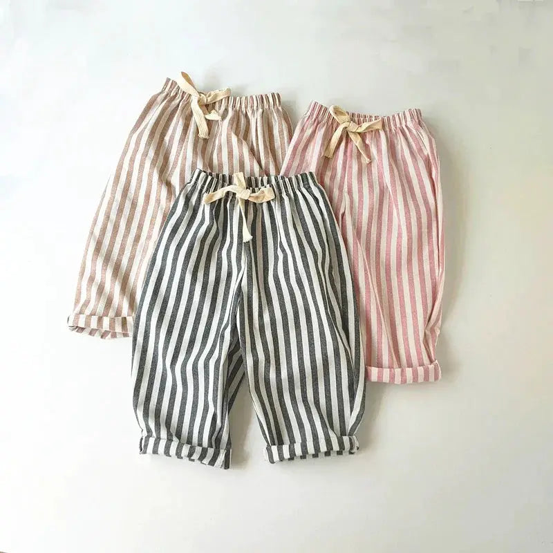 Spring Summer Kids Linen Cotton Striped Loose Pants Lace Up Vintage Casual Clothing For Boys And Girls