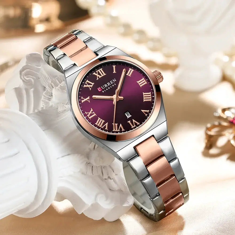 CURREN womens analog watch with two-tone rose gold and silver bracelet, burgundy dial, Roman numerals and date window