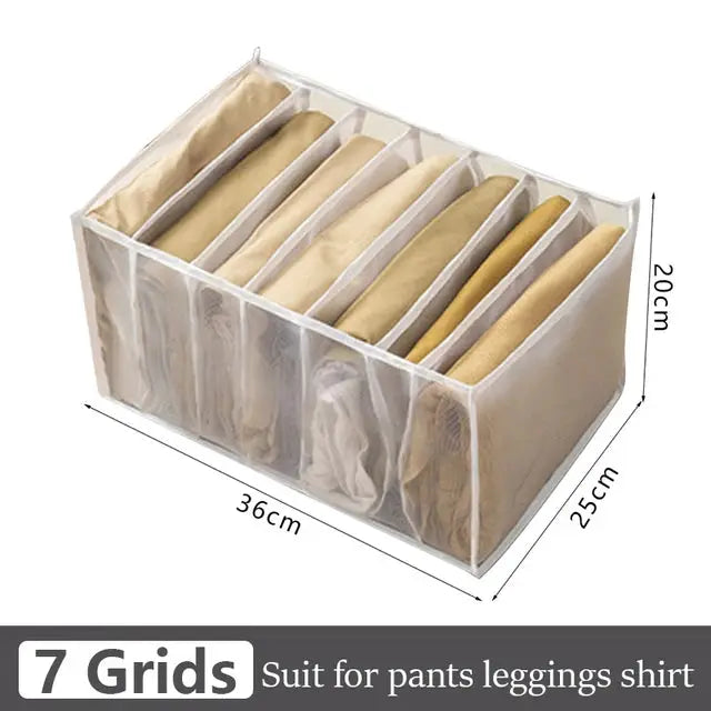 Simples Market 7-grid fabric closet organizer for underwear and socks; foldable drawer divider with beige fabric compartments.