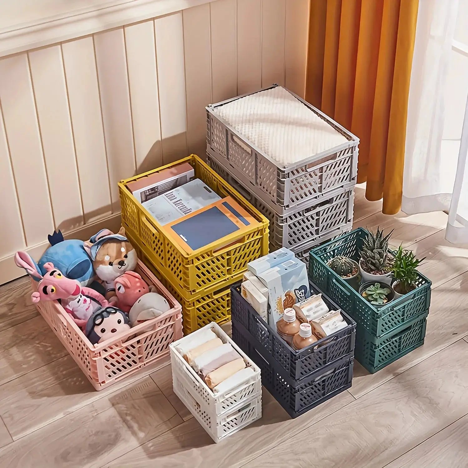 Simples Market plastic foldable storage crate; multicolor, stackable organizer; multiple crates shown