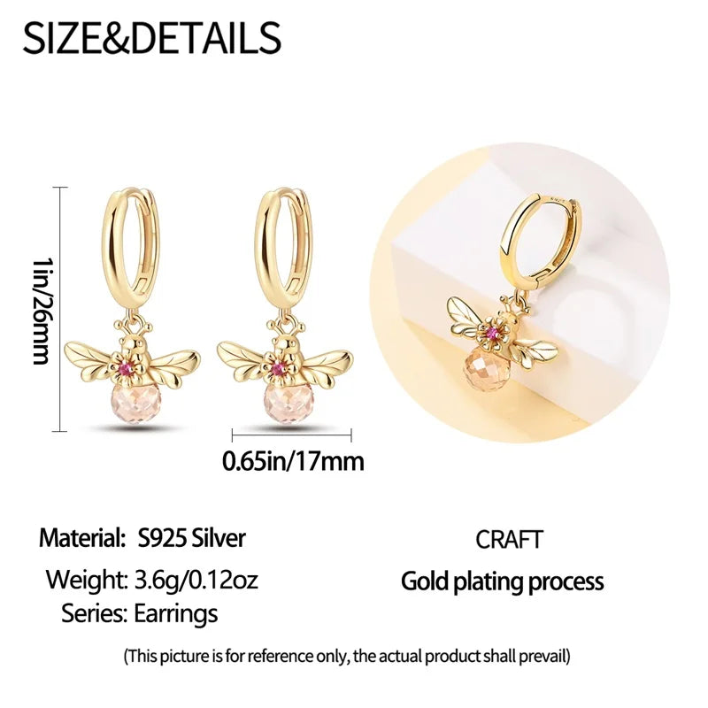 Gold-plated bee charm hoop earrings in S925 silver with pink bead drops, pair.