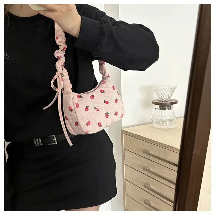 Corduroy strawberry-print mini shoulder bag in pink for women