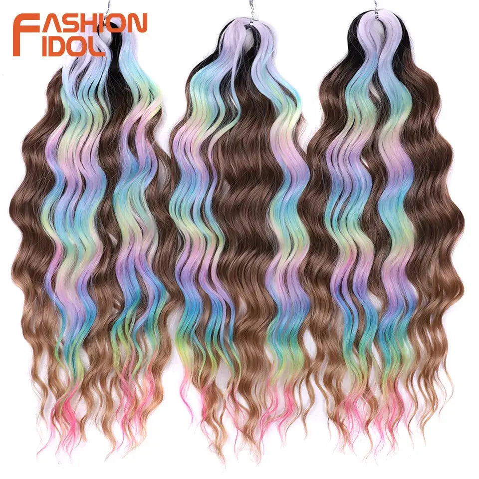 Anna 24in synthetic water-wave braiding hair extensions by Fashion Idol in ombre blonde with pastel rainbow, 3 bundles.