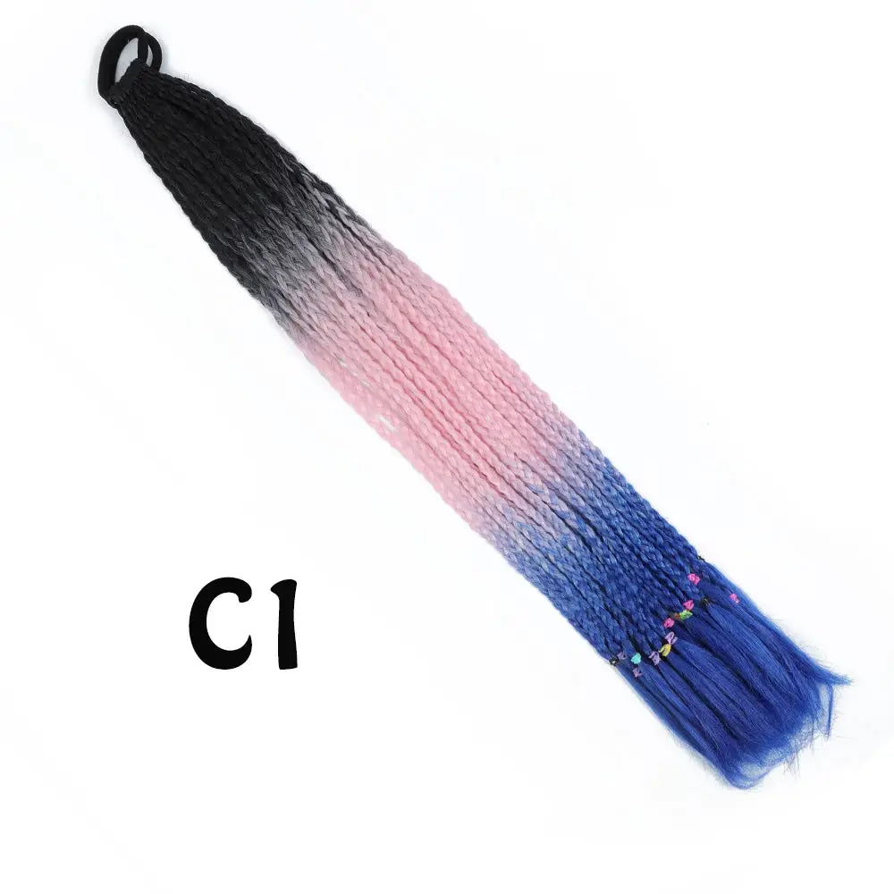 Synthetic gradient braided ponytail extension with elastic band, 24 inches, rainbow black-to-pink-to-blue.