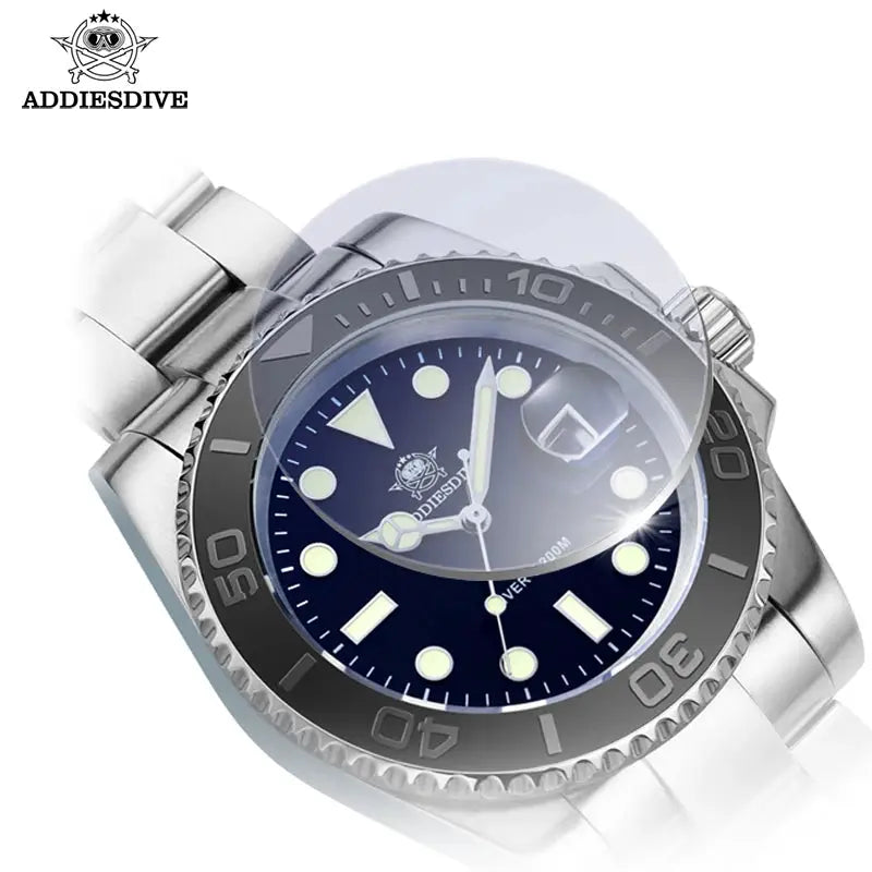 ADDIESDIVE stainless steel 200m diving watch with blue dial, ceramic bezel, magnified date window, luminous markers