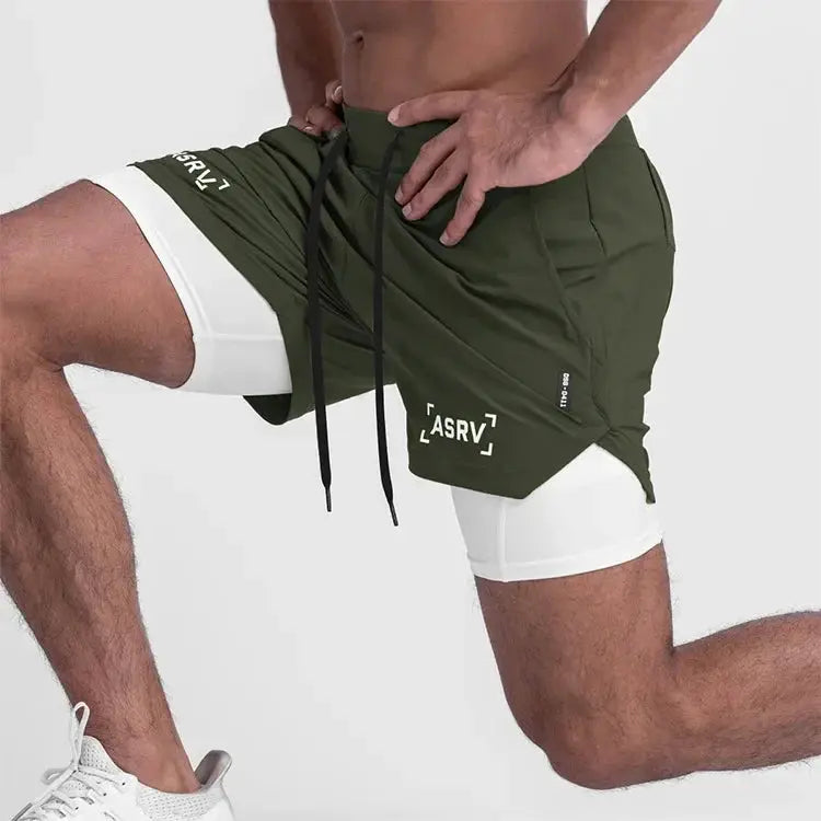 ASRV men's 2-in-1 quick-dry shorts in olive green with white inner layer; visible ASRV branding.