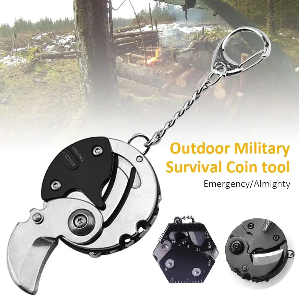 Simples Market outdoor survival coin tool keychain with folding blade and hex bit set