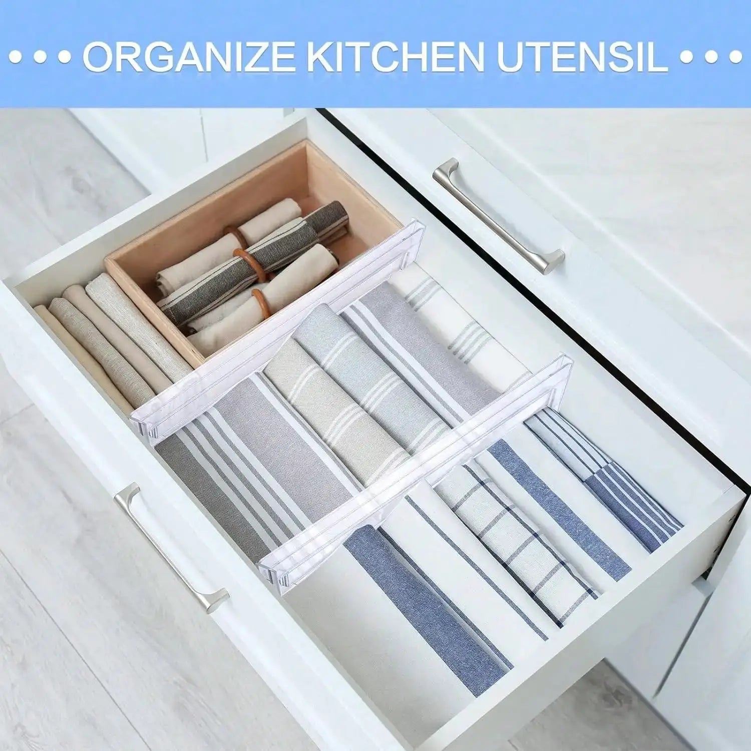Simples Market expandable clear drawer dividers for kitchen drawers; neatly organizes towels in a white drawer