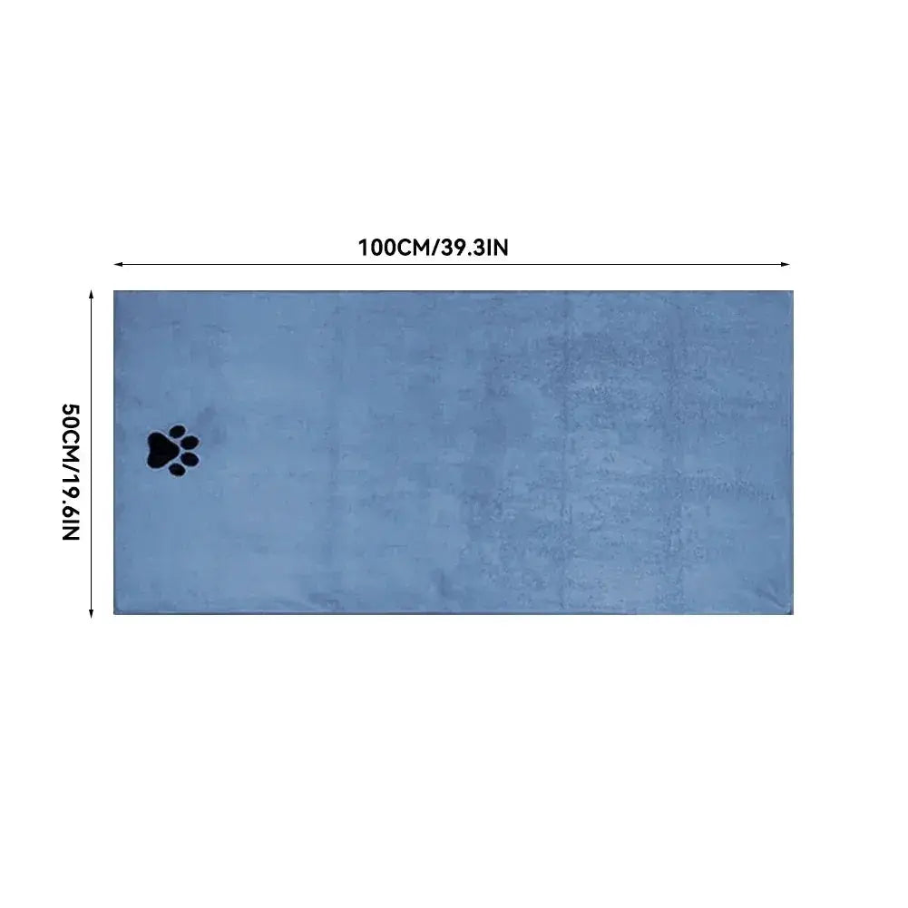 Blue microfiber pet bath towel with embroidered paw print, 50x100 cm