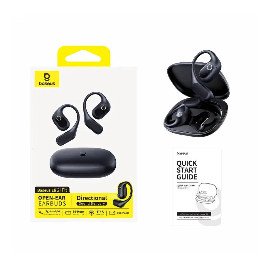 Baseus Eli 2i Fit open-ear wireless earbuds pair with charging case, black, IPX5 waterproof.