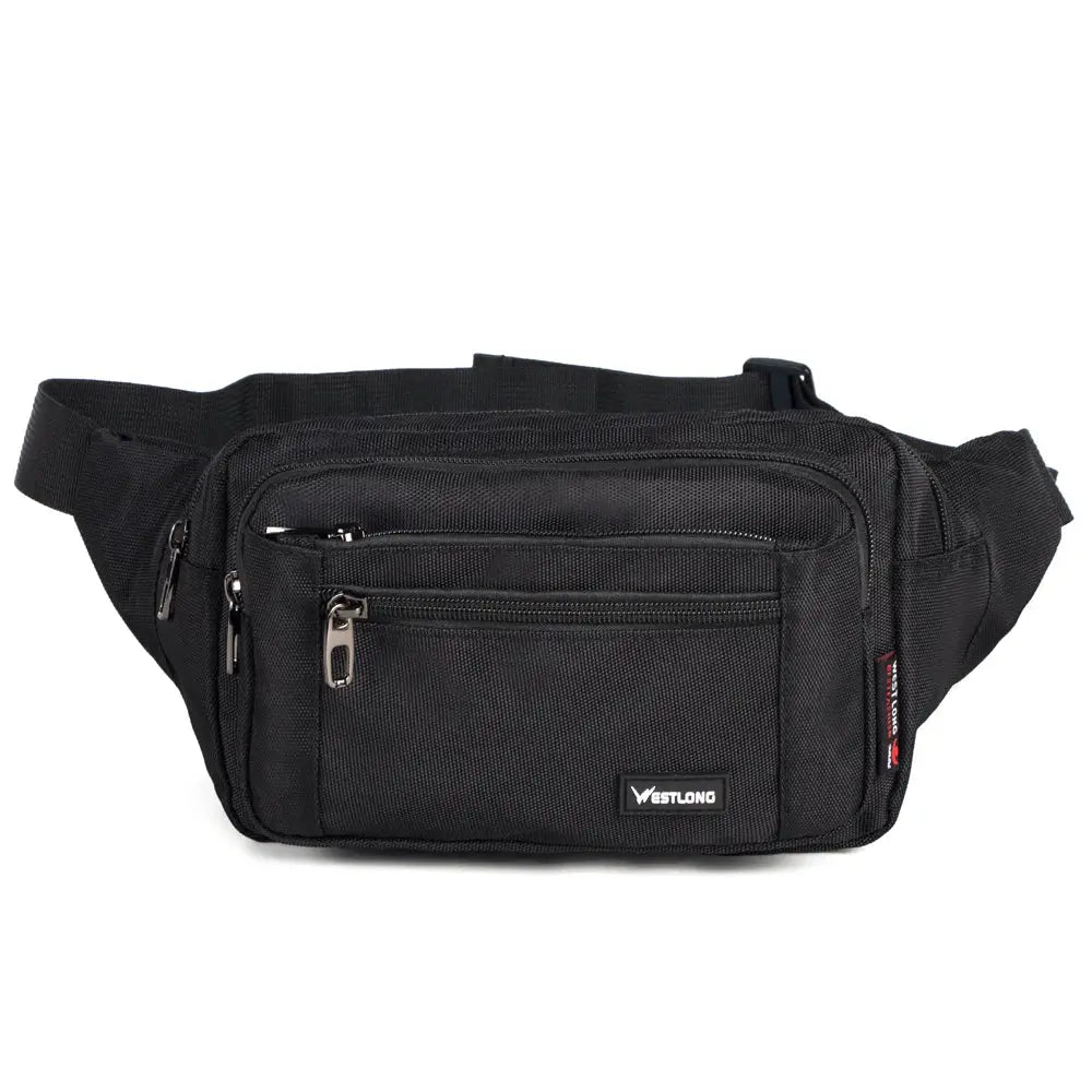 Simples Market waist pack in black with Westlong logo, multiple zip pockets and adjustable strap.