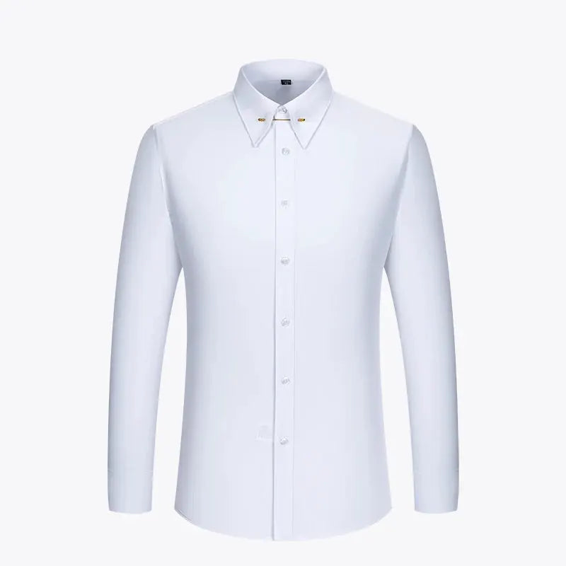 Long-sleeve white dress shirt with gold collar pins