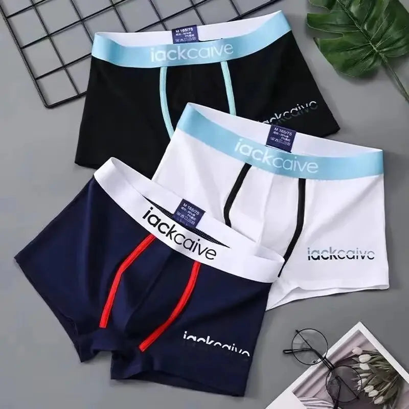 3-pack men's cotton boxers with breathable fabric; navy, white, black with colored piping and blue waistband lackcaive