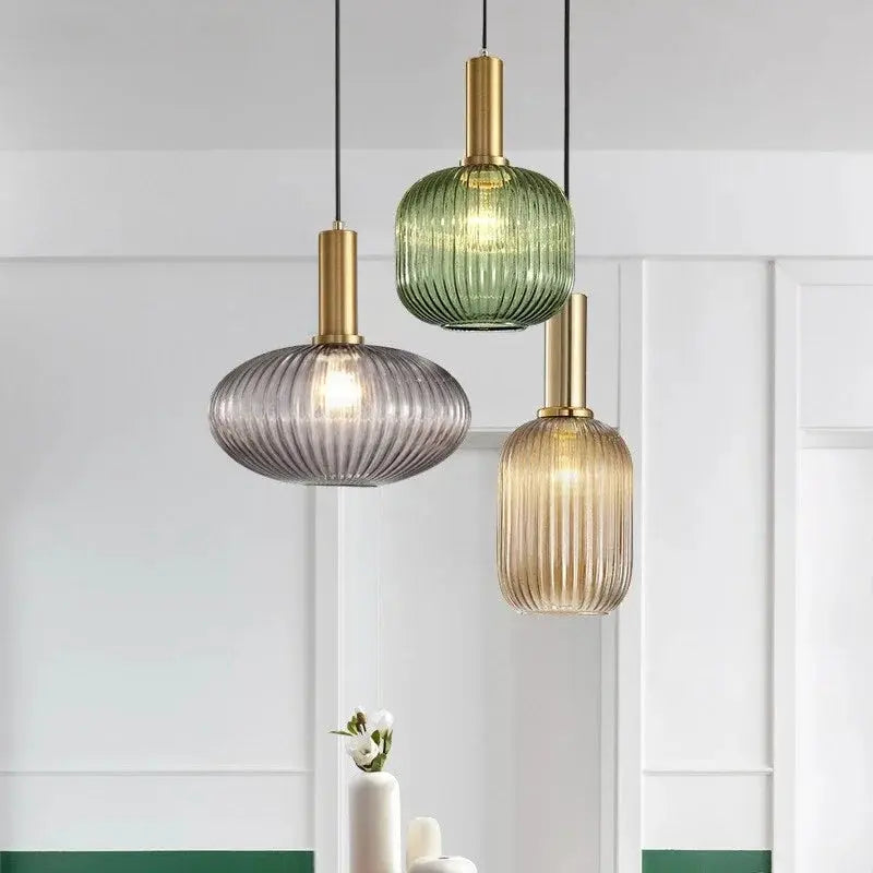 Nordic glass pendant lights, 3-pack with green, gray and amber ribbed glass and brass tops