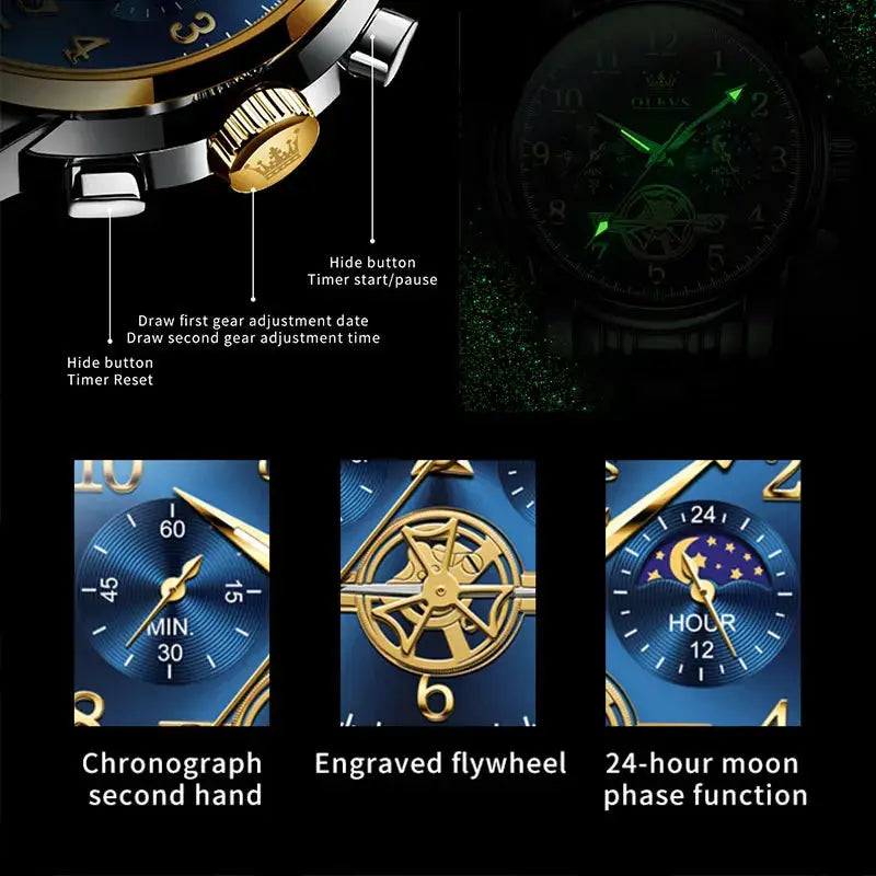 OLEVS 2900 Moon Phase Watch for men by Simples Market; stainless steel, luminous skeleton chronograph