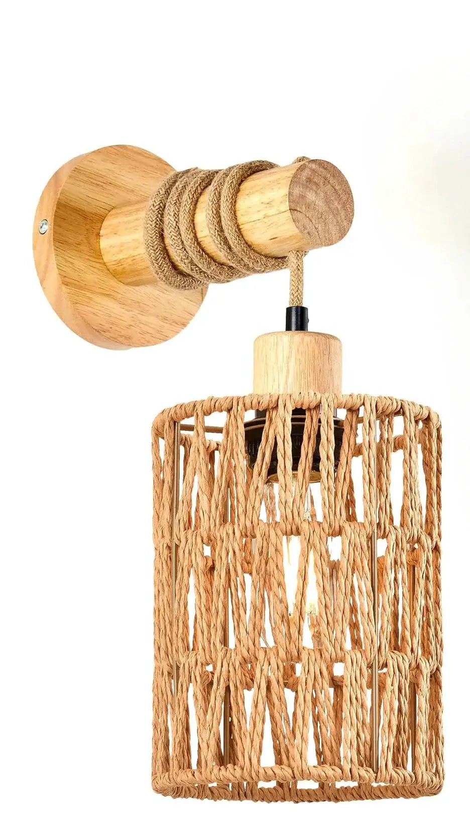 Bedhead wall lamp with hemp rope shade; cylindrical natural rope lamp on wood mount by Simples Market