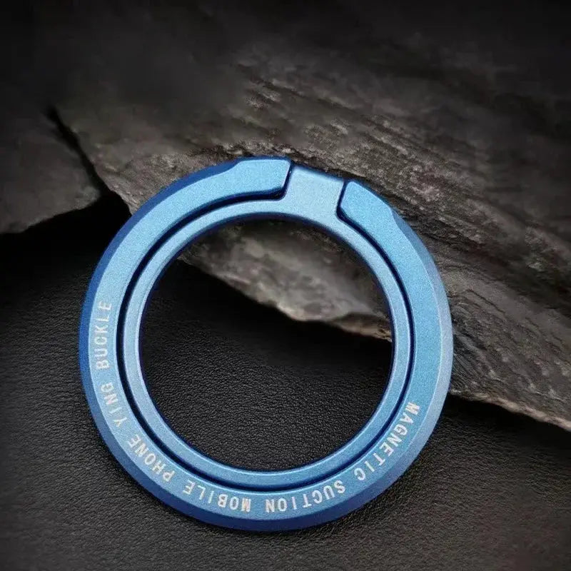 Blue magnetic phone ring holder with kickstand, circular metal grip