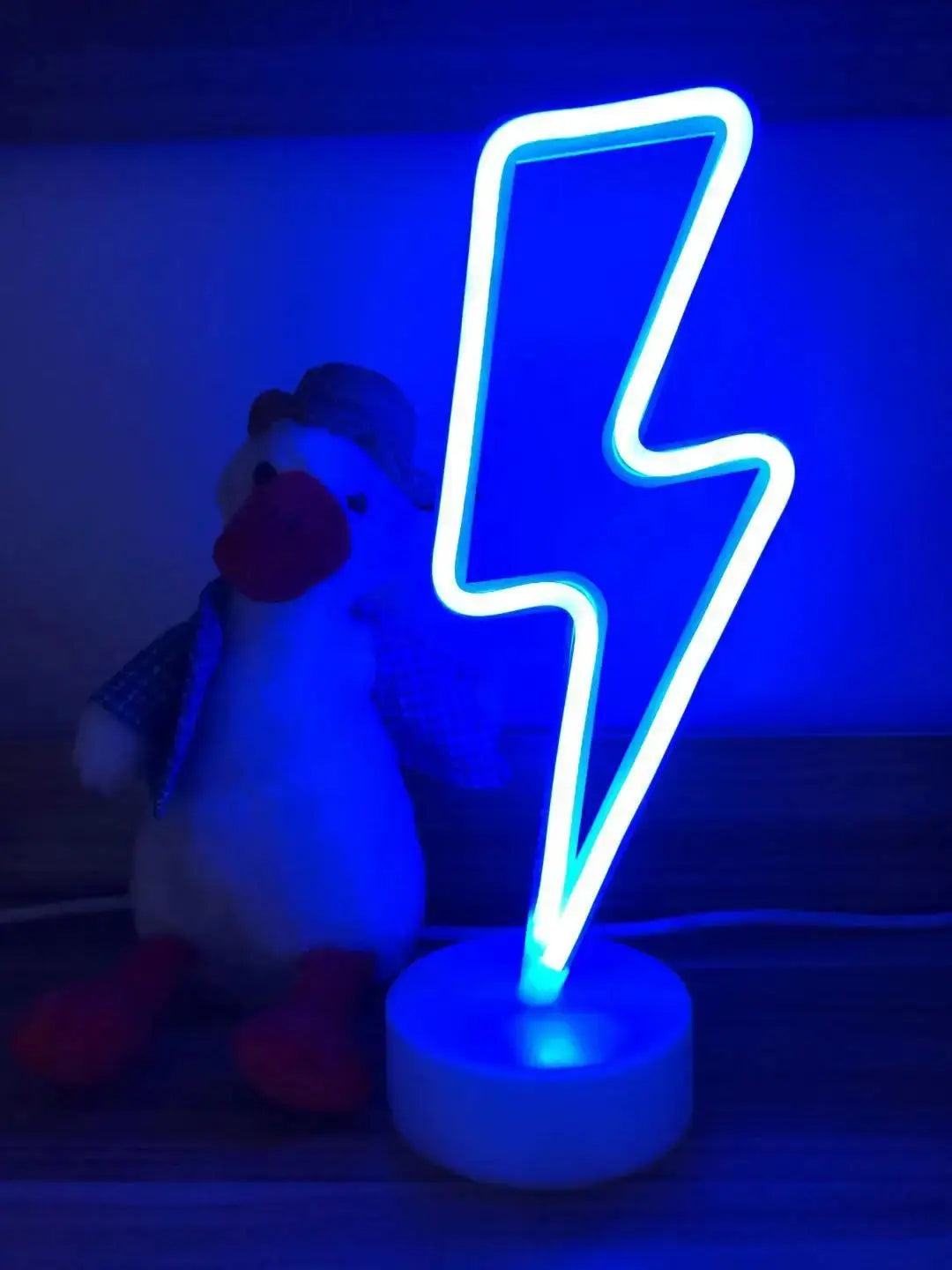 Neon Sign blue LED lightning bolt decoration on a round white base USB powered
