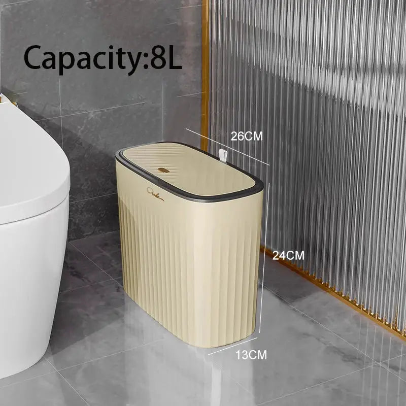 Narrow shape press-ring trash can with lid by Simples Market, beige ribbed finish, 8L capacity for bathrooms.