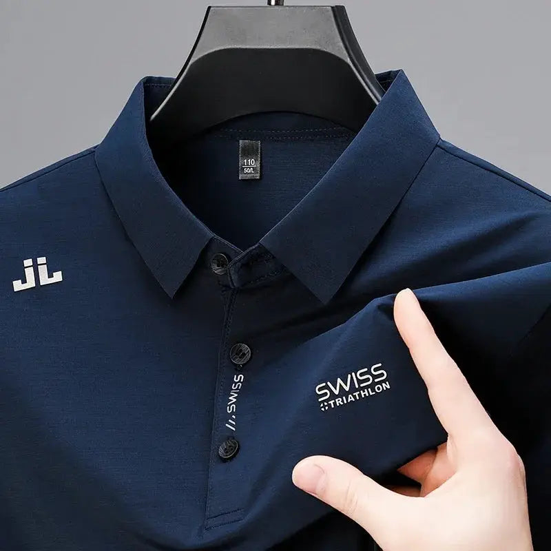 Mens Business Casual Short Sleeve Polo Shirt With Badge Solid Color Breathable Comfortable Versatile Top