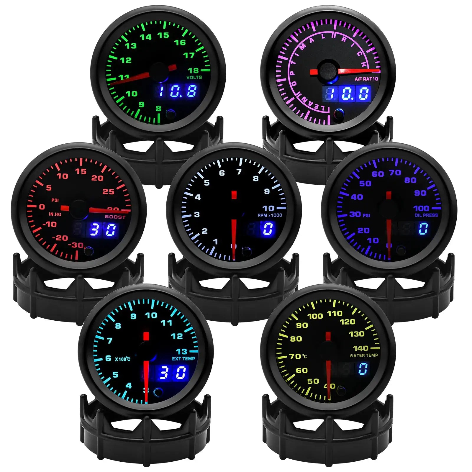 2-inch 52mm LED dual-display automotive gauge set by Simples Market with multi-color LEDs for boost, RPM, oil pressure.