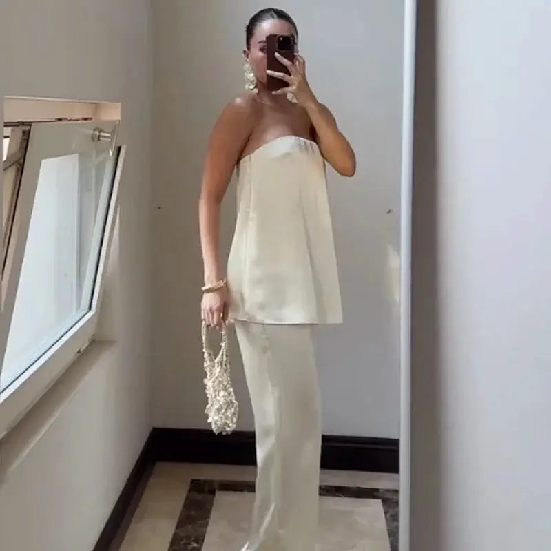 Satin Two Piece Set Women Off Shoulder Strapless Vest High Waist Pants