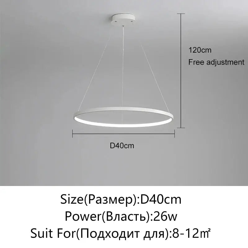 White circular LED pendant light Ring chandelier, 40cm dia, 26W, adjustable height up to 120cm