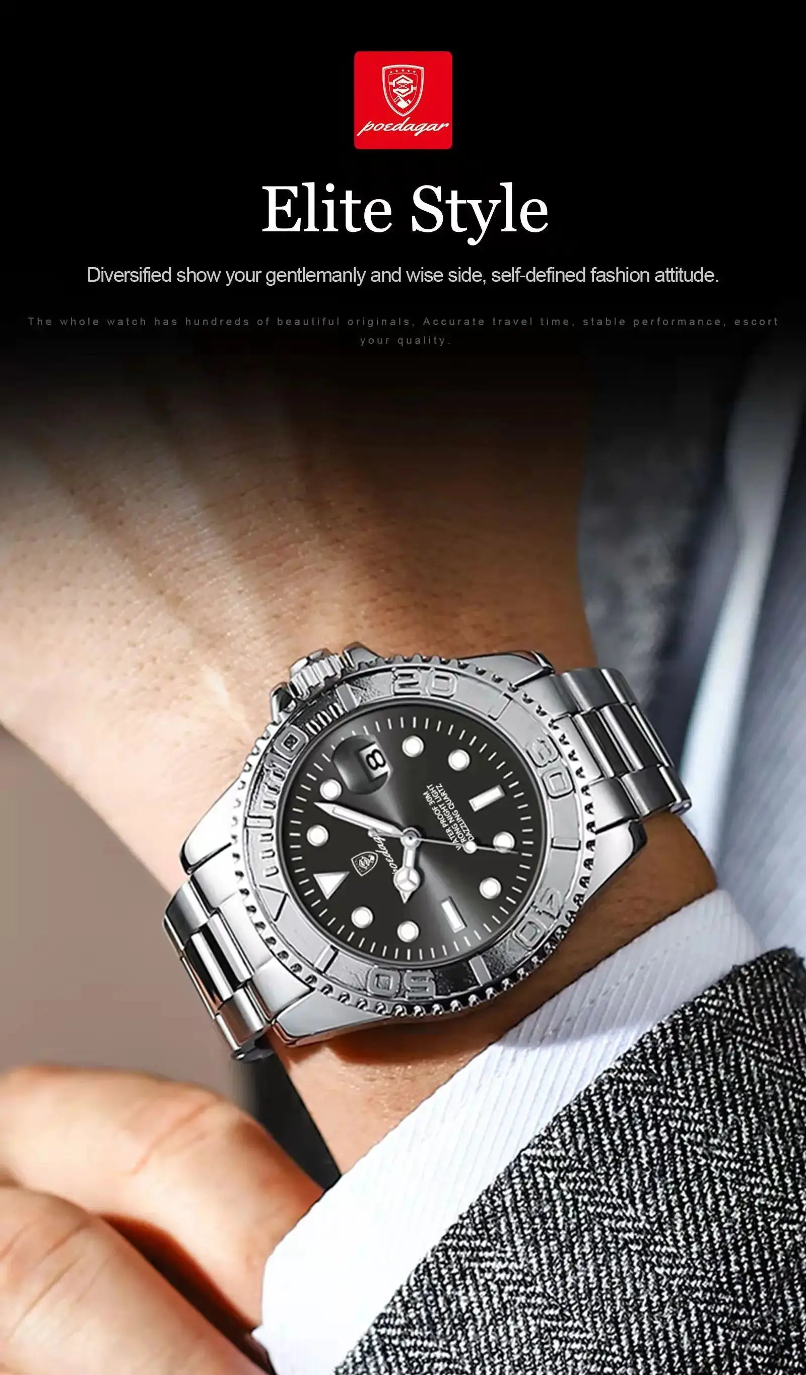 POEDAGAR luxury men's stainless steel waterproof watch with black dial, date window, and luminous markers