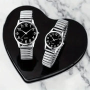 LuxeTime Quartz Watch Set For Men And Women With Black Dial Arabic Numerals And Elastic Alloy Band Gift Set