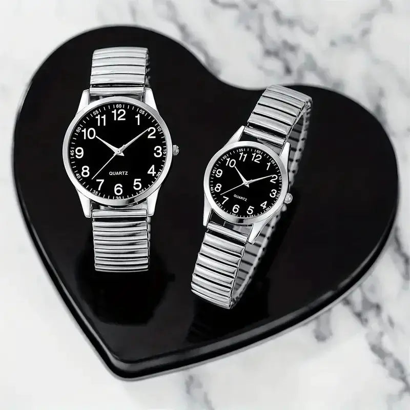LuxeTime Quartz Watch Set For Men And Women With Black Dial Arabic Numerals And Elastic Alloy Band Gift Set