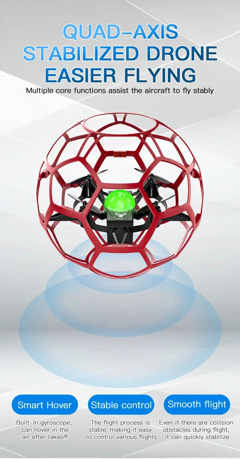 SG600 MAX 2.4G RC racing football drone in red protective cage with green LED core by Simples Market