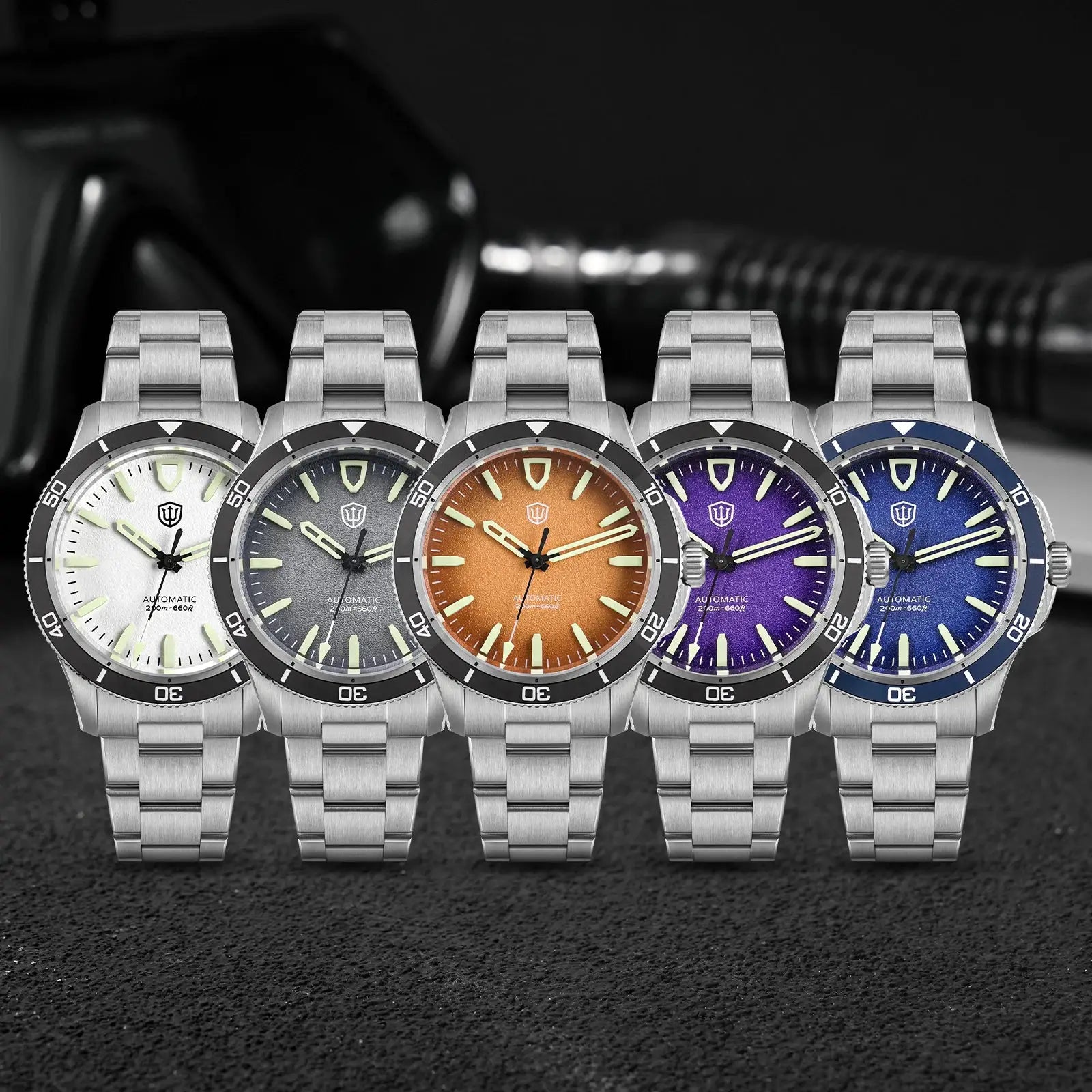 Watchdives Premier WD0019 automatic watches with steel bracelets, five color dials white gray copper-orange purple blue
