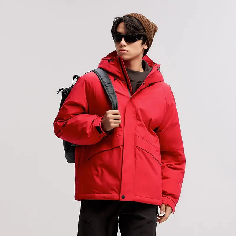 Semir men's red mid-length hooded down jacket, puffer style worn by model with backpack
