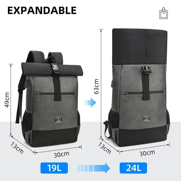 Backpack waterproof PU leather, expandable roll-top by Simples Market; gray/black, 19–24L capacity.