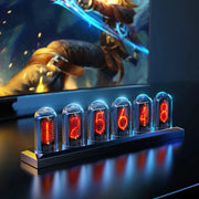 Simples Market 8-tube RGB Nixie Clock with red digits and blue LED glow on desk base.