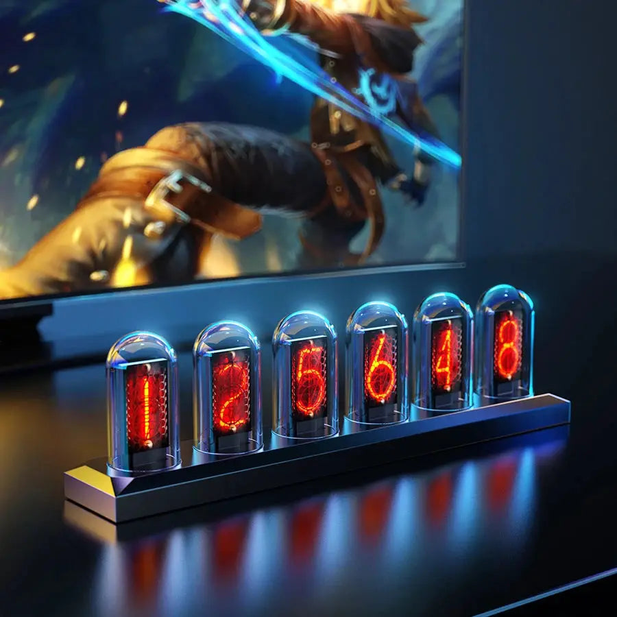 Simples Market 8-tube RGB Nixie Clock with red digits and blue LED glow on desk base.