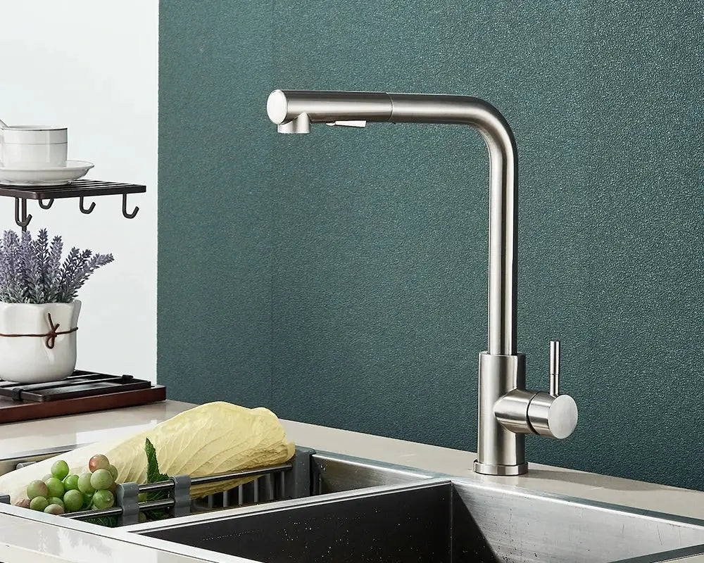 Rozin flexible gourmet kitchen faucet in stainless steel with pull-out spray and 360° rotation
