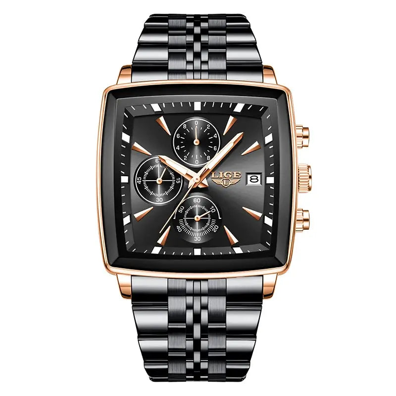 LIGE men's square-dial luxury watch with rose-gold case, black dial, chronograph subdials, date window, bracelet; box
