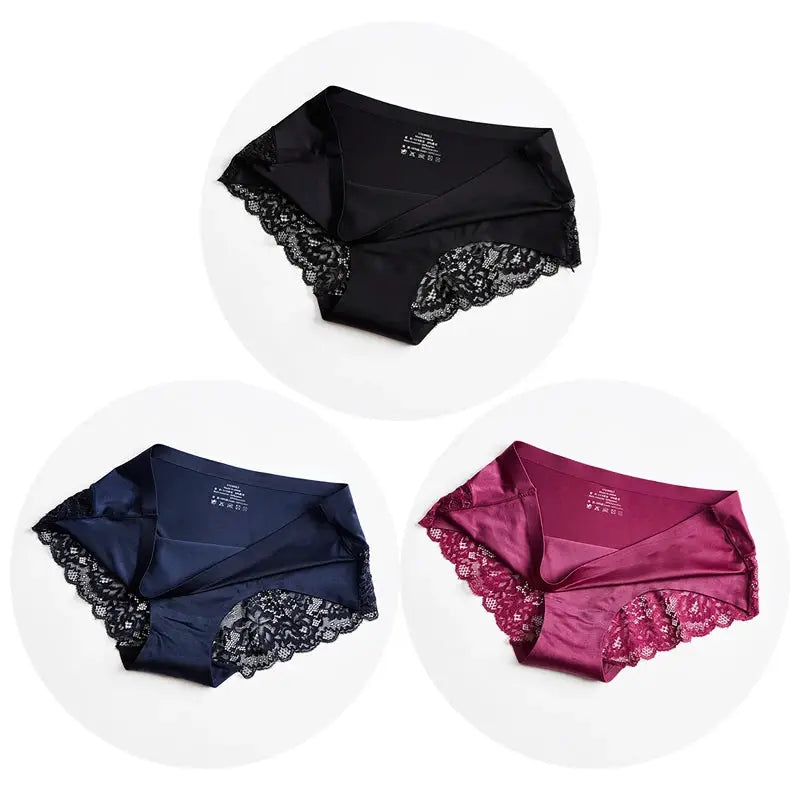 Simples Market TrowBridge 3-piece set: women's lace satin briefs in black, navy, and magenta