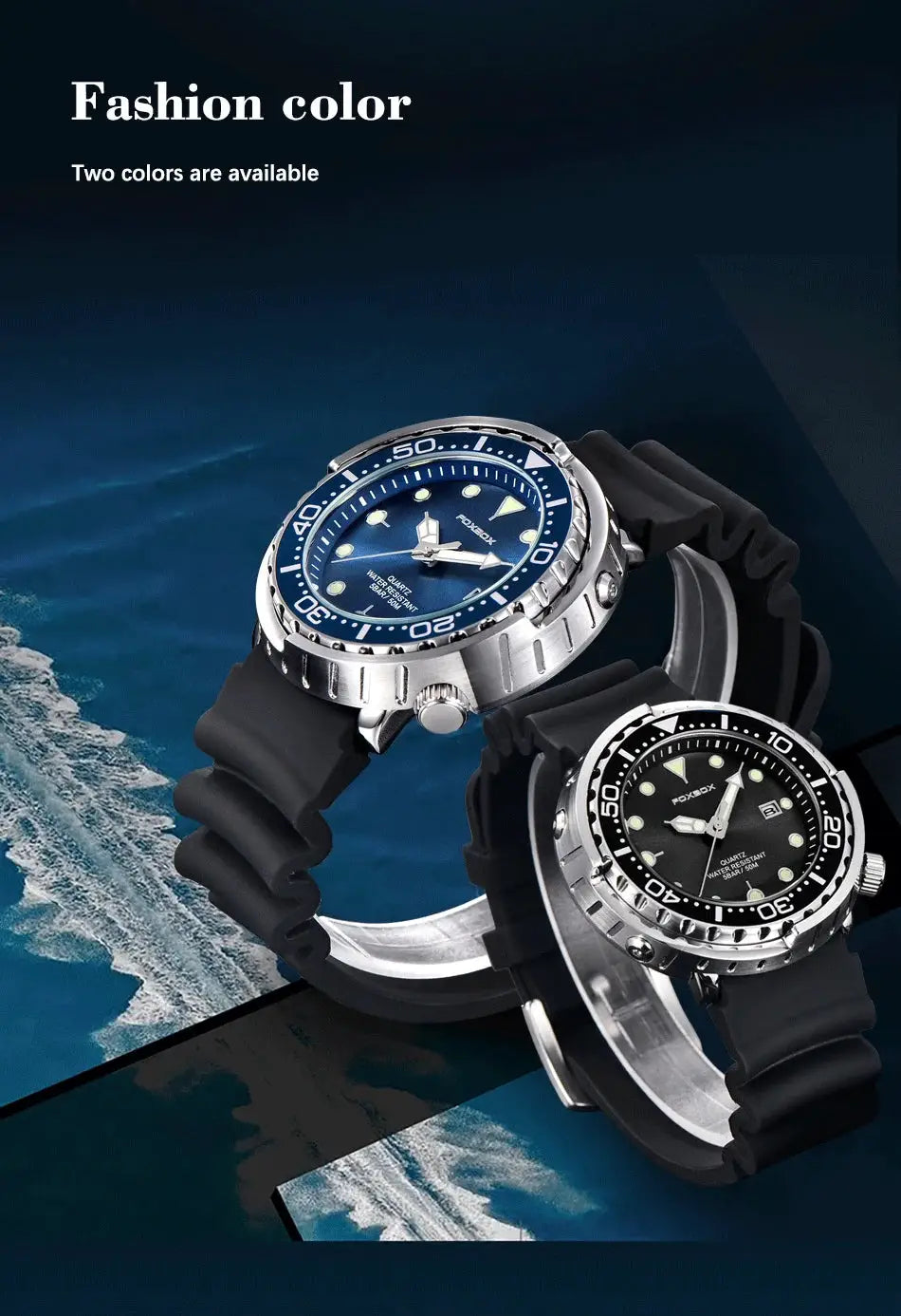 Two LIGE men's diver watches, blue dial and black dial, stainless steel bezels, black silicone straps, Simples Market