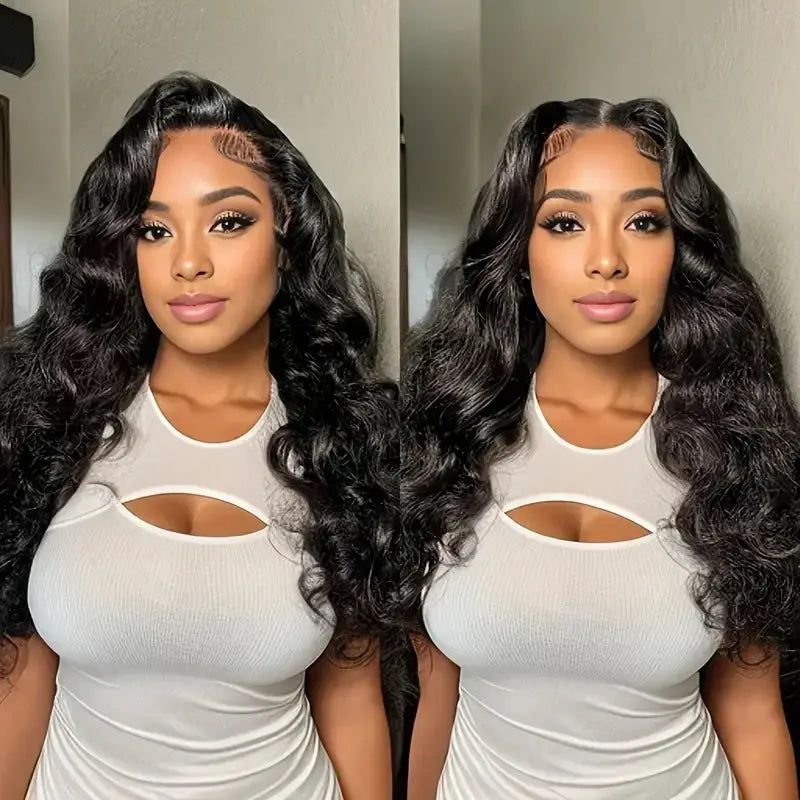 Simples Market body wave Brazilian hair lace frontal wig in black, two views of long, wavy hair with baby hairs
