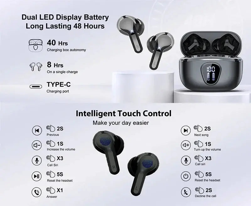 Simples Market pair of wireless BT5.3 earbuds with ENC mic, black with charging case and LED display, IP7 waterproof