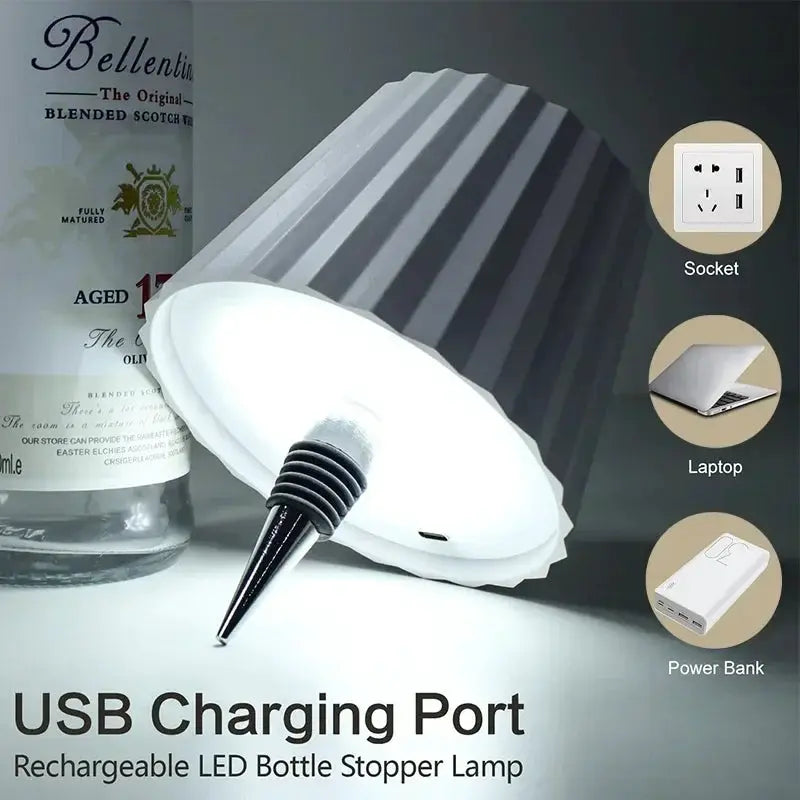 LED wireless wine bottle lamp with USB charging port, bottle-stopper design in ribbed gray top and white base.
