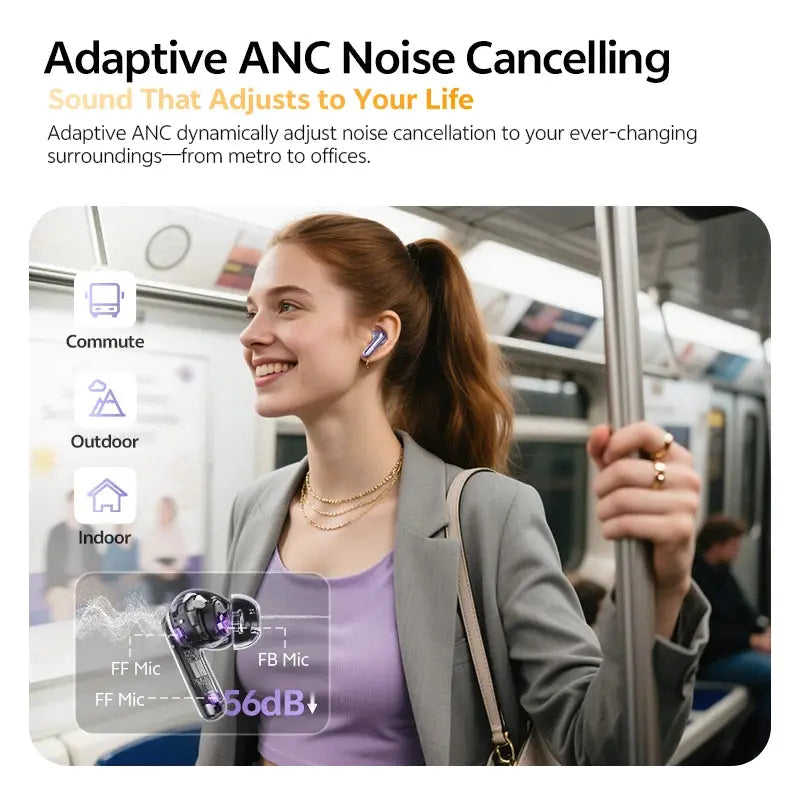 QCY MeloBuds N70 wireless earbuds with adaptive ANC; purple in-ear headphones on a woman in a subway.