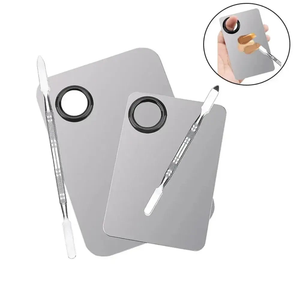 Stainless Steel Makeup Mixing Palette With Spatula Durable Beauty Tool For Foundation And Eye Shadow