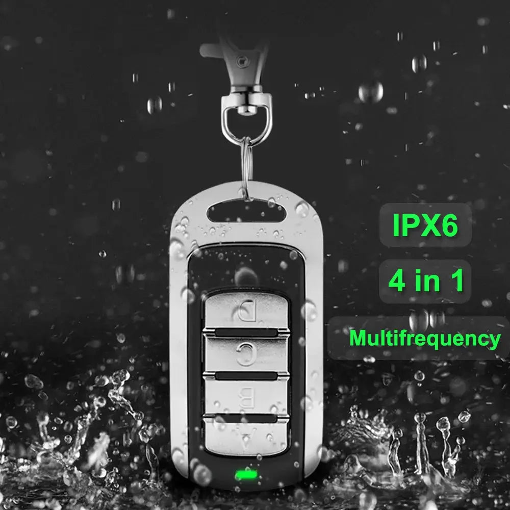 Universal four-button garage door remote, black with silver buttons, IPX6 waterproof, 4-in-1 multifrequency transmitter