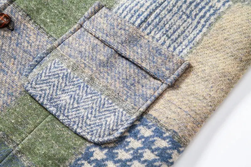 Green tweed plaid waistcoat with patchwork panels and blue herringbone pocket detail